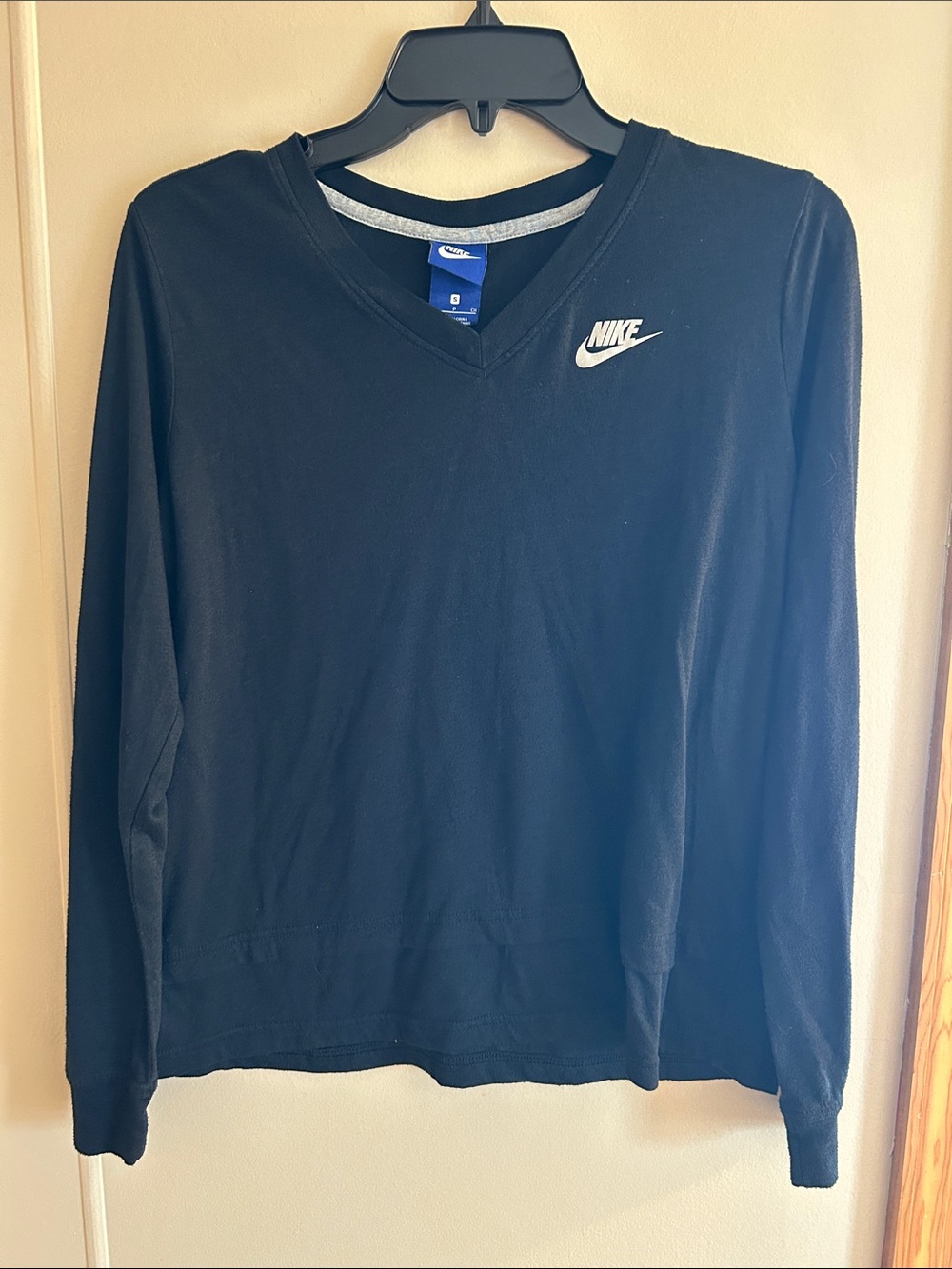 Nike Black V-Neck Long Sleeve Top with White Logo